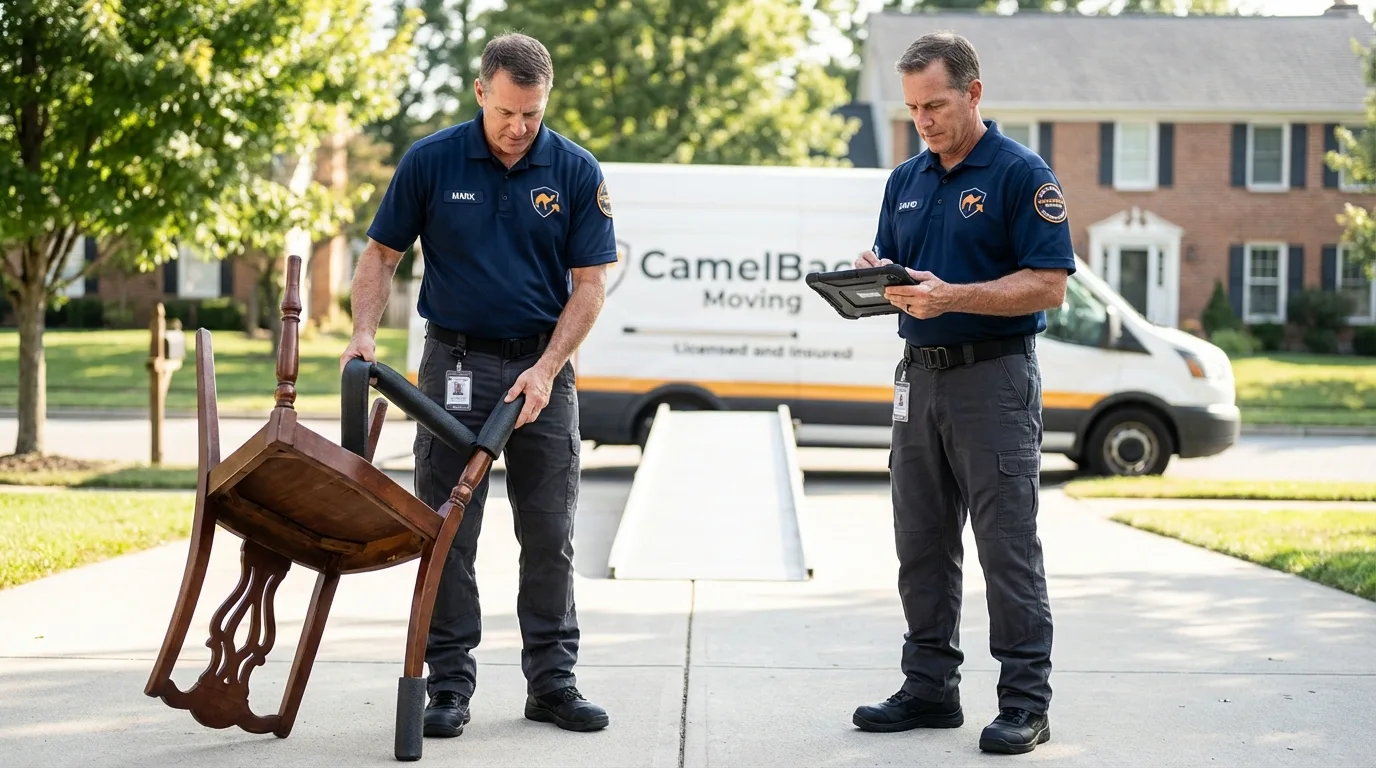 Movers inspecting furniture for damage prevention before loading in Arlington, NE