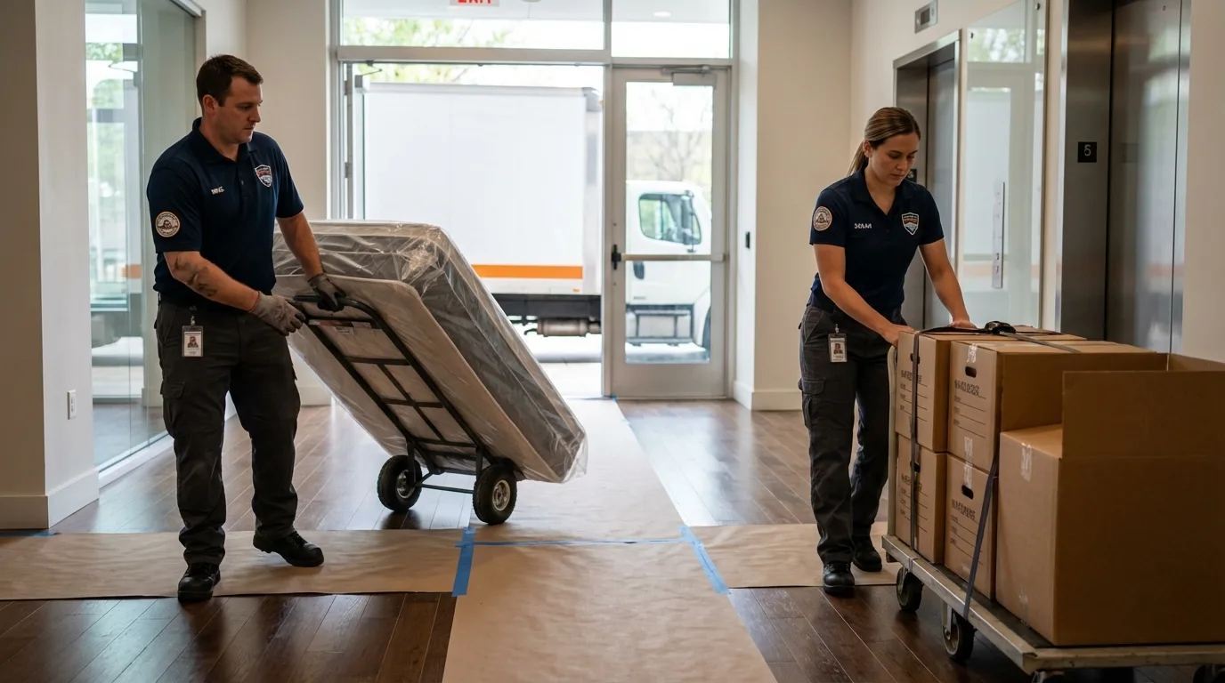 Professional apartment movers loading elevator in Arlington, NE